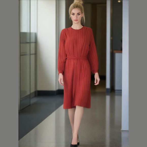 Vintage Pinstripe Day Dress 12 Midi Long Sleeves Belted Office Capsule Modest - Picture 1 of 11